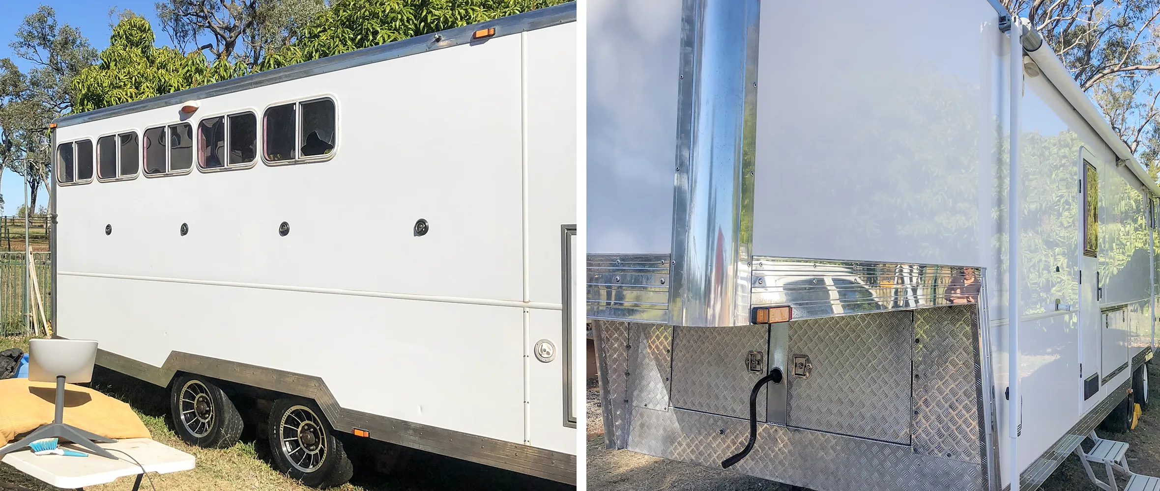 Custom goose neck horse float: Before and after complete exterior machine cut & polish, alloy polish.